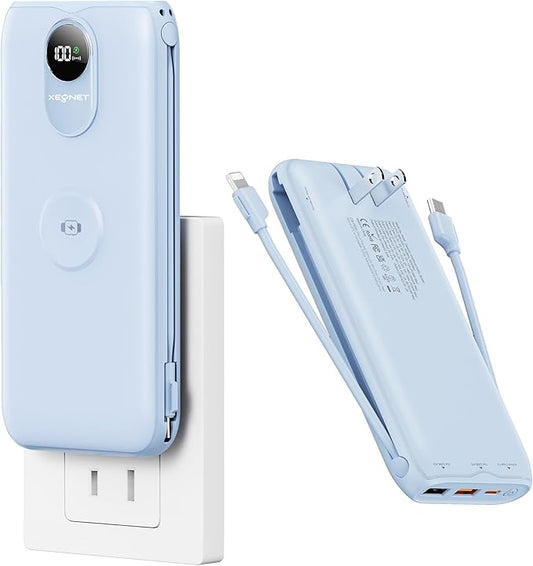 Portable Charger, 10000mAh 22.5W USB C Power Bank Built in Cables, AC Wall Plug and Led Display, External Battery Pack Fast Charging, Travel Essentials for iPhone, Android Cell Phone, Tablet, iWatch