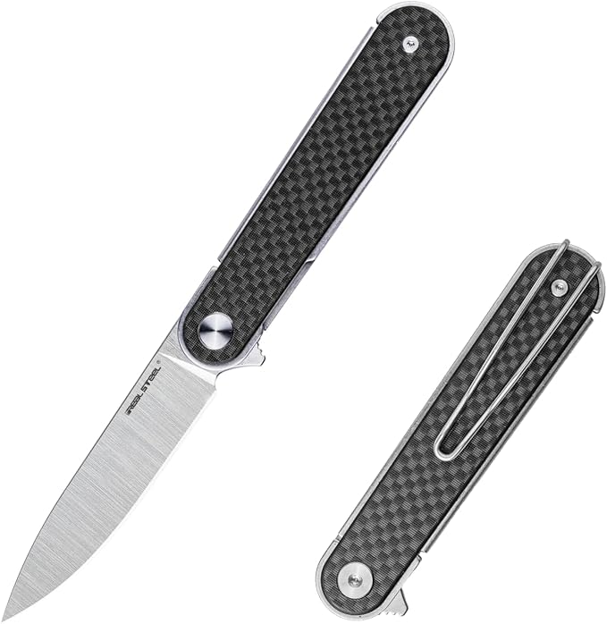 REALSTEEL IRIS Pocket Knife, Folding Knife, Flipper, Liner Lock, 2.99" 12C27 Steel Blade, Lightweight G10 Handle, 1.74oz, Deep-carry Pocket Clip, EDC Outdoor Indoor, Gifts for Men Women Camping Hiking Climbing Fishing (Carbon Fiber laminate G10)