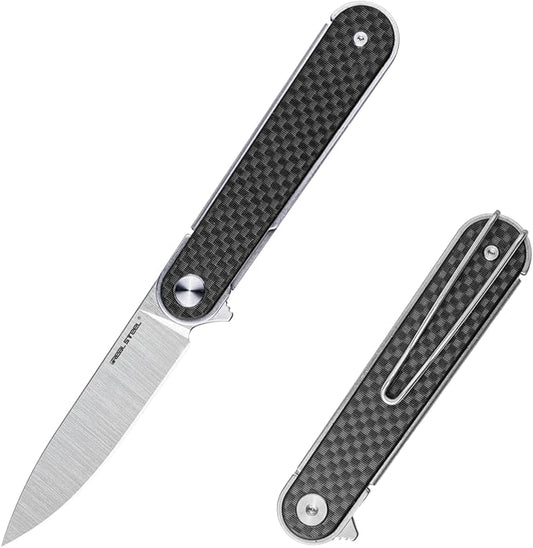 REALSTEEL IRIS Pocket Knife, Folding Knife, Flipper, Liner Lock, 2.99" 12C27 Steel Blade, Lightweight G10 Handle, 1.74oz, Deep-carry Pocket Clip, EDC Outdoor Indoor, Gifts for Men Women Camping Hiking Climbing Fishing (Carbon Fiber laminate G10)