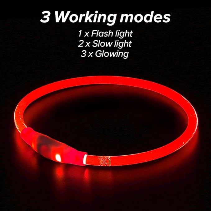 Illumifun LED Dog Collar, USB Rechargeable Light Up Dog Collar Glow in The Dark, Fashion Cuttable Dog Collar Light for Nighttime Walking (Red)