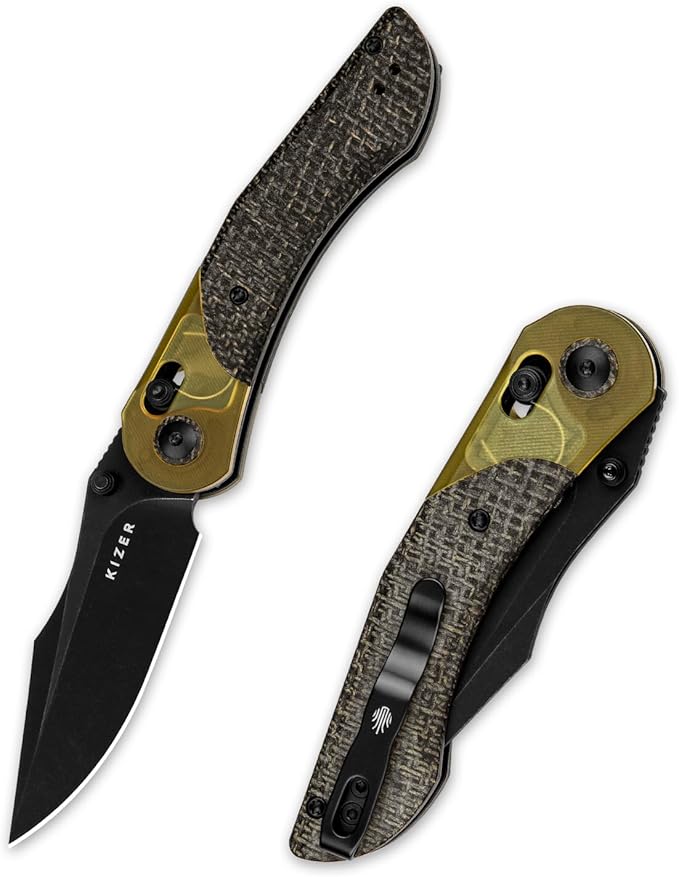 Kizer Mini Mystic Pocket Knife, 3.2" 154CM Blade EDC Hunting Survival Knife with Black Burlap Micarta and Yellow PEI Handle, Camping Folding Knives with Clutch Lock & Thumb Stud Opener, V3636C1