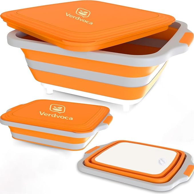 Collapsible BBQ Prep Tubs with Lids, Grill Cutting Board, Camping Sink with Drainage Hole for Meal Prep, Fruit Wash and Food Storage, Marinating Container, 30L Orange Tub 24"