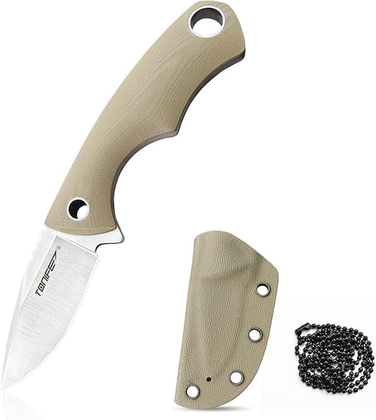 TONIFE Neck Knife Mini Outdoor Survival Fixed Blade Knife, EDC High Hardness Sharp Blade 1.7'' Portable Neck with Kydex Sheath and Ball Chain (warm sand)