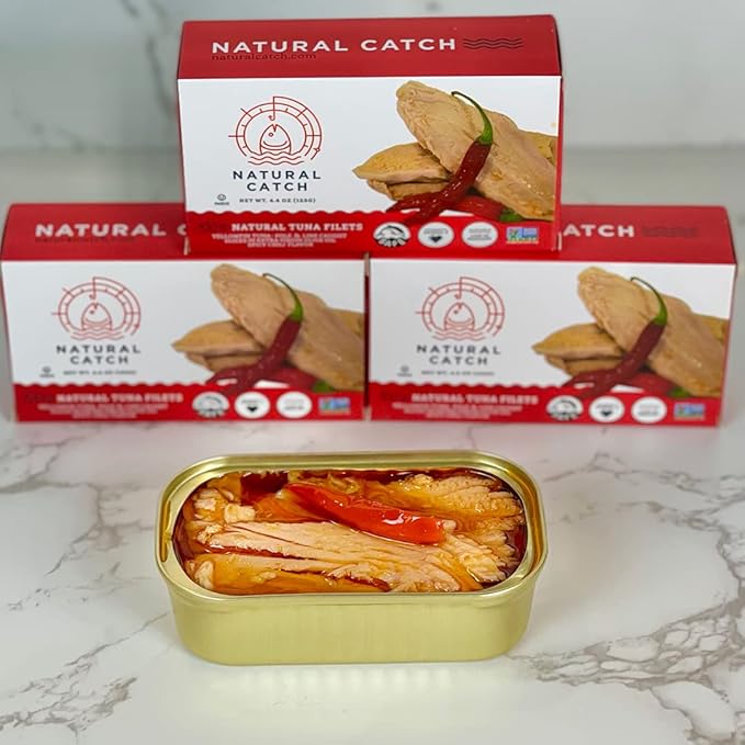 Natural Catch Tuna Spicy Yellowfin Filets, Hand Cut, Pole & Line Caught, 130 Calories Gluten-Free, Paleo, Keto Friendly, Premium Yellowfin Tuna in Extra Virgin Olive Oil and Spicy Chili's (4.4 oz per can- Pack of 12) (Yellowfin Spicy Tuna)