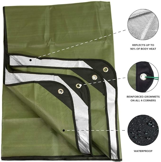 Arcturus Insulated Tarp, Reusable Heavy Duty Thermal Survival Blanket ??60x82in, Reflects 90% Body Heat, Waterproof, Windproof, 3-Layer Design, Reinforced Grommets, Olive Green