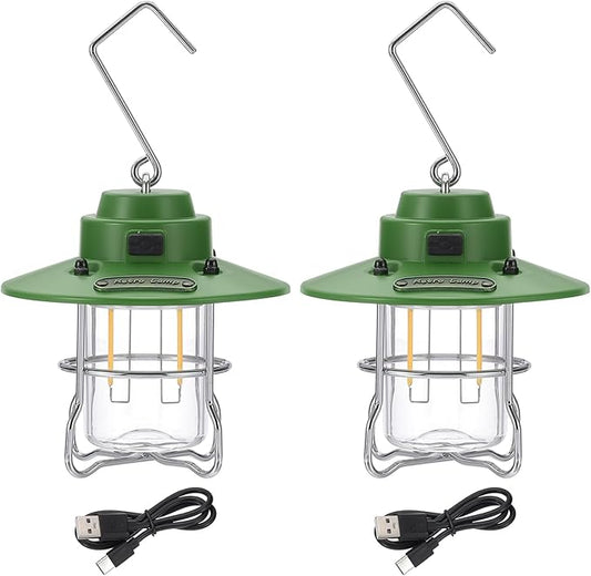 PATIKIL LED Camping Lantern, 2 Pack Vintage Rechargeable Lantern 3 Light Modes Portable Hanging Outdoor Tent Light for Camping, Hiking, Fishing, Green 3.66 Inch