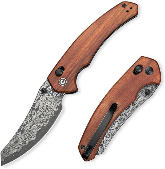 CIVIVI Sixgill Folding Pocket Knife for EDC, 3.41'' Damascus Blade Guibourtia Wood Handle, Deep Carry Reversible Clip, Gift for Men Women C24050-DS1