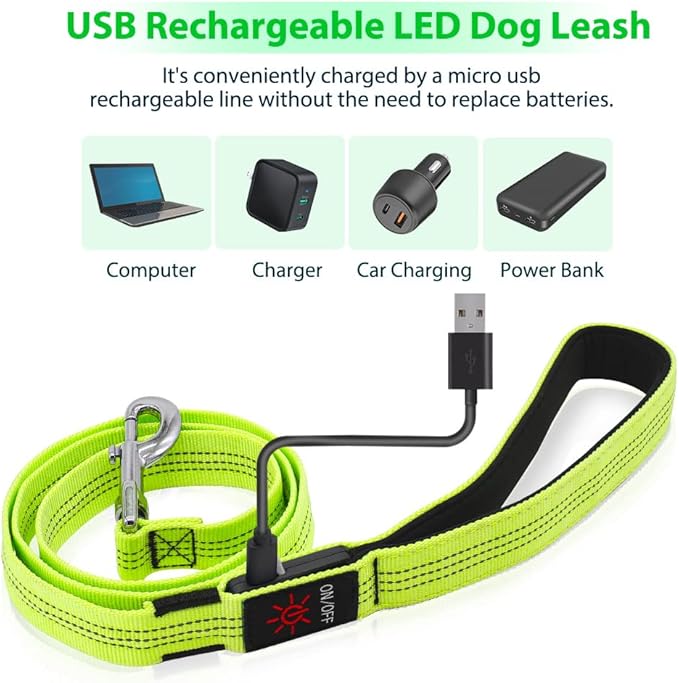 Candofly Light Up Dog Leash, Reachargeable Pet Leash with Light, 4 Ft Glowing Dog Rope Lead for Night Walking (Green)