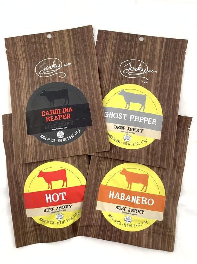 Jerky.com Hot Jerky Combo - Featuring Habanero, Ghost Pepper, Carolina Reaper, and Classic Hot Beef Jerky - Perfect for Heat Seekers and Flavor Enthusiasts - Great Gift for Men (4 Flavors - 2.5 oz. bags)