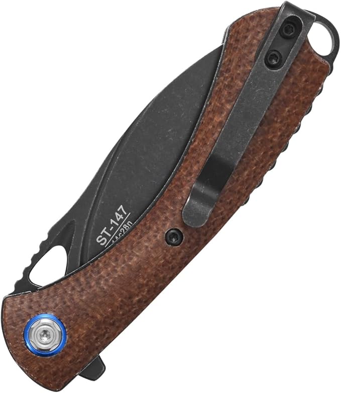 Sitivien ST147 Folding Pocket Knife,Black Stonewashed 14C28N Steel Blade with Micarta Handle Utility Knife EDC Tool Knife for Outdoor Camping,Hiking,Hunting(Brown)