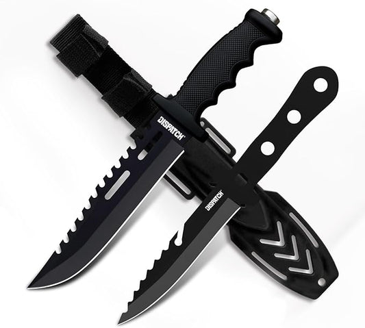 Dispatch Fixed Blade Hunting Knife with Sheath, 12" and 8" Survival Knives Set for Men Tactical Bowie Knife with Non-Slip Handle for Bushcraft, Outdoor Camping