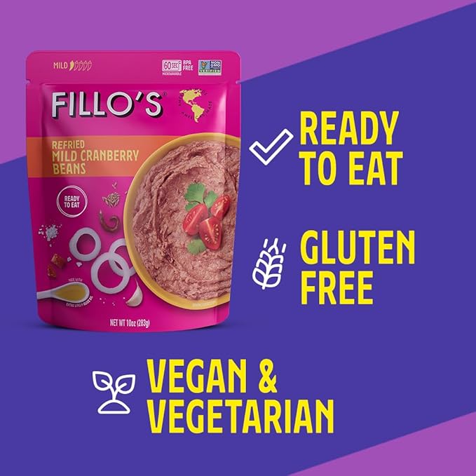 Fillo's Refried Beans - Made with Roman Borlotti Beans aka Cranberry Beans, Ready to Eat, 10 oz Pk of 6, Gluten-Free, Microwavable Meals, Vegan, Plant Protein
