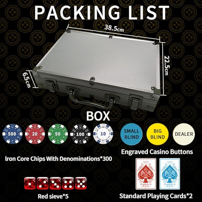 Texas Hold'em Chips Without face Value, 300 11.5g Weighted Digital Casino chip Set, 5 dice, 2 Decks of Cards, with Compact Aluminum case, for Texas Hold'em, Blackjack, Ages 8 and up