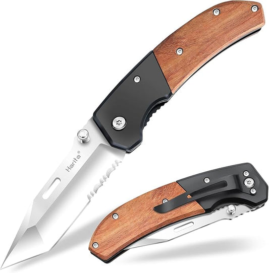 Harita Pocket Knife for Men, Folding Utility with Pocket Clip, Wood Handle EDC for Women with 3.4″ Sliver Serrated Steel Blade, Camping Knife, Hunting, Hiking - Father's Day Gift (Sliver, 3.4 inch Half Serrated Blade)