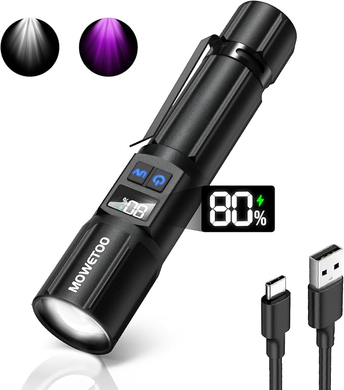Black Light Flashlight 395NM, UV Light USB C Rechargeable with LCD Display, Zoomable Woods Lamp 2N1, Blacklight for Pet Urine Detection, Resin Curing, Rocks, Travel, Minerals, Scorpion, Glass, Leak