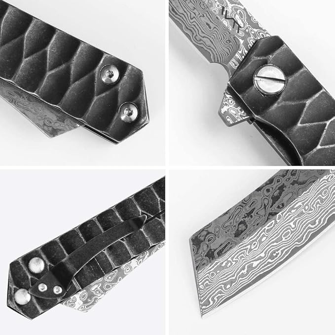 Damascus Folding Pocket Knife, Custom Tactical VG-10 Blade With Ball Bearing System for Outdoor, Camping, Hiking (Razor Model)