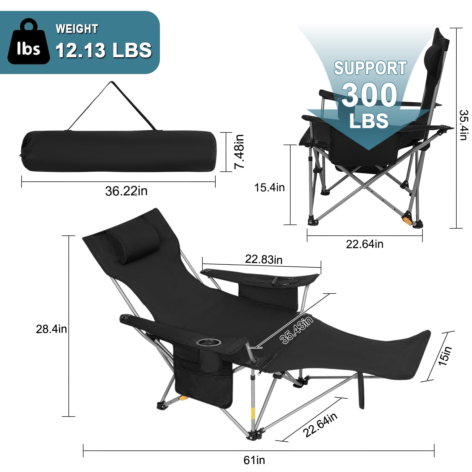 Romswi 2Pack 4-Position Reclining Camping Chair with Removable Footrest, 2-in-1 Adjustable Portable