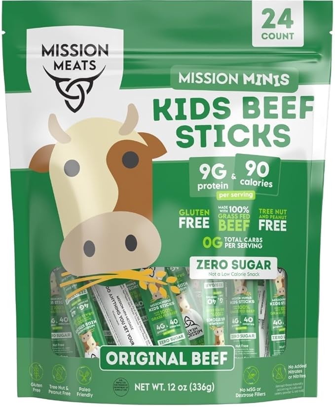 Mission Meats Kids Beef Sticks ??100% Grass Fed & Pasture Raised, Healthy Snacks for Kids, Sugar Free Protein, Gluten & Nut Free, Individually Wrapped, Mini 0.5oz 24ct Bag (Pack of 2)