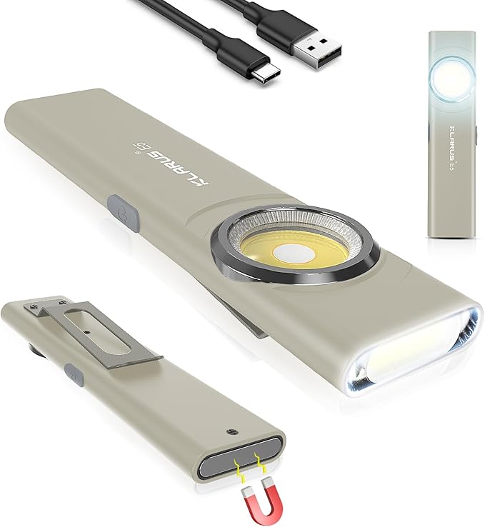 klarus E5 Pocket Flashlight, Rechargeable EDC Flashlight, Super Slim 4.2x1x0.3inch, 600 Lumens, USB-C Port, IPX4, Dual Light Source with Magnetic Base, Hat & Clothes Clip - Grey