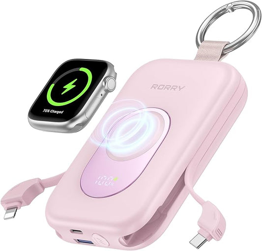 RORRY Portable Charger, 20000mAh PD 30W Portable Charger Power Bank with 2 Built-in Cables, Super Fast Charging Battery Pack with Keychain, Travel Essentials for iPhone, Apple Watch, iPad, Pink