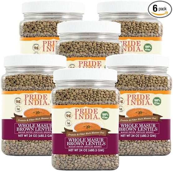 Pride Of India - PACK of 6 - Indian Whole Brown Crimson Masur Lentils - Protein & Fiber Rich Masoor Whole, 1.5 Pound Jar