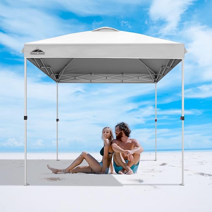EAGLE PEAK Pop Up Canopy Tent with Wheeled Carry Bag, 8 Stakes, 4 Ropes, Easy Set Up Tent Canopy, 8x8 ft White