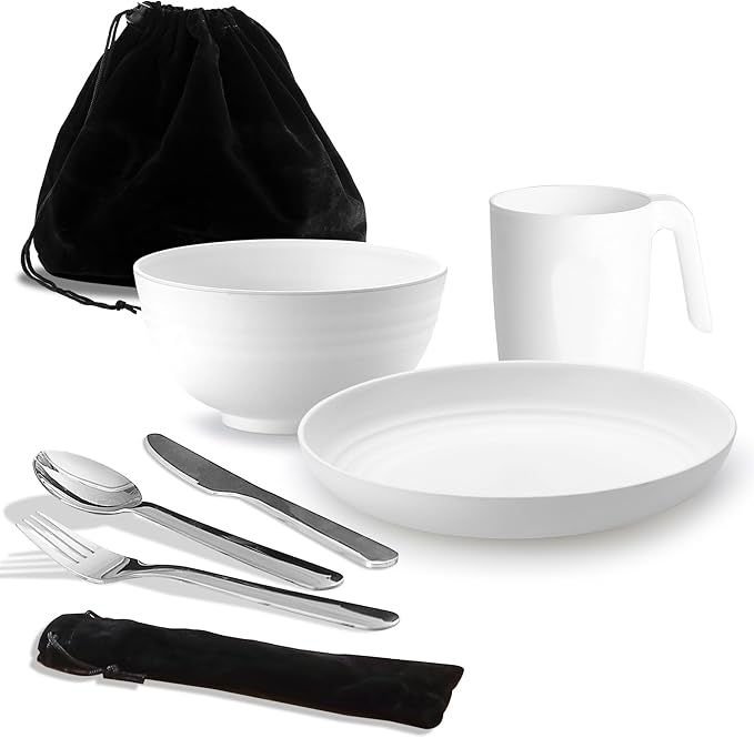 Camping Utensils, Reanea Camping Mess Kit for Travel, Camping, Picnic, Outdoor, Camping Gear Include Knife, Spoon, Fork Cutlery Set, Cup, Bowl, Plate, Camping Essentials for 1