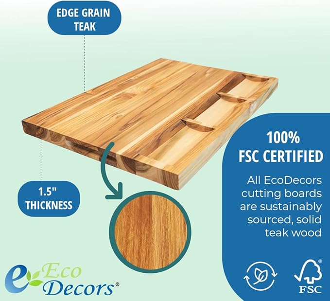 EcoDecors, Teak Cutting Board 24x18, FSC Certified Edge Grain Wood Reversible Butcher Block with Juice Groove, 3 Charcuterie Trays & Handles, Large Teakwood Cutting Board for Kitchen & Carving