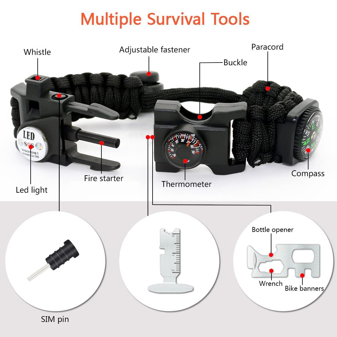 NVioAsport 20 in 1 Paracord Bracelet, Adjustable Gear Kit with SOS LED Light, Fire Starter, Bigger