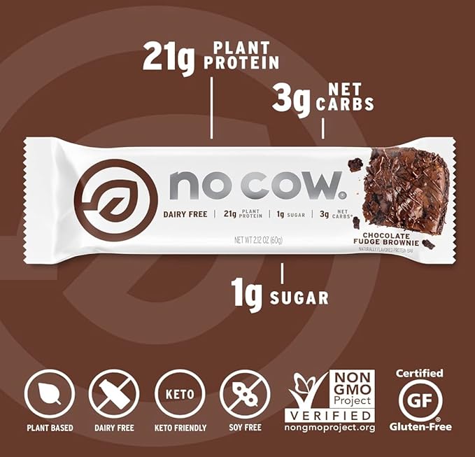 No Cow High Protein Bars, Original Variety Pack - Healthy Snacks, 20g Vegan Protein, High Fiber, Low Sugar, Keto Friendly, Dairy & Gluten Free (12 Count)