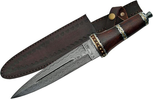 Szco Supplies 14"" Damascus Steel Scottish Style Dirk Knife with Leather Sheath, Brown, one Size (DM-1077)