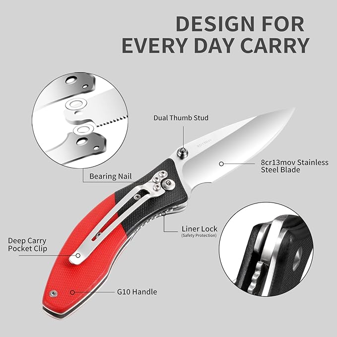 Vickay Pocket Knife, Folding Knife with Clip, EDC Knife for Men & Women, 3in 8Cr13MoV Stainless Steel Blade, G10 Handle, Liner Lock, Perfect for outdoor Camping, Tactical, Fishing and Hunting ( Black & Red )