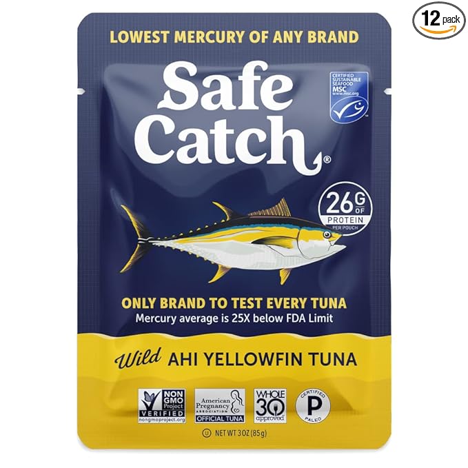 Safe Catch Wild Ahi Yellowfin Tuna Fish Pouches, Wild Caught, Lowest Mercury, Lean Protein, Omega 3, Gluten-Free, Kosher, Pack of 12
