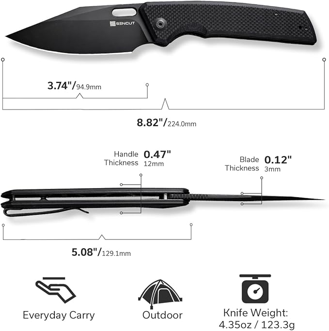 SENCUT GlideStrike Pocket Knife for EDC, Folding knife with Thumb Hole Openning, Textural Coarse G10 Handle with Deep Pocket Clip, Ideal Gift for Men Women S23018-1 (Double Black)
