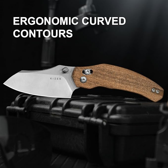 Kizer Bulldog Pocket Knife, 3 In Nitro V Blade Folding Knife Mkuruti Wood Handle Camping Hunting Knife with Reversible Clip, Clutch Lock Small EDC Knives for Men Women V3672A2