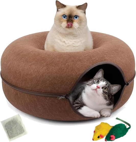 Laluz 2021 Large Cat Tunnel Bed for Indoor Cats Up to 30 Lbs Peekaboo Donut Cave with Catnip and Plush Toys Scratch Resistant Felt Design Detachable and Washable Cat Tunnel (Chocolate, L)