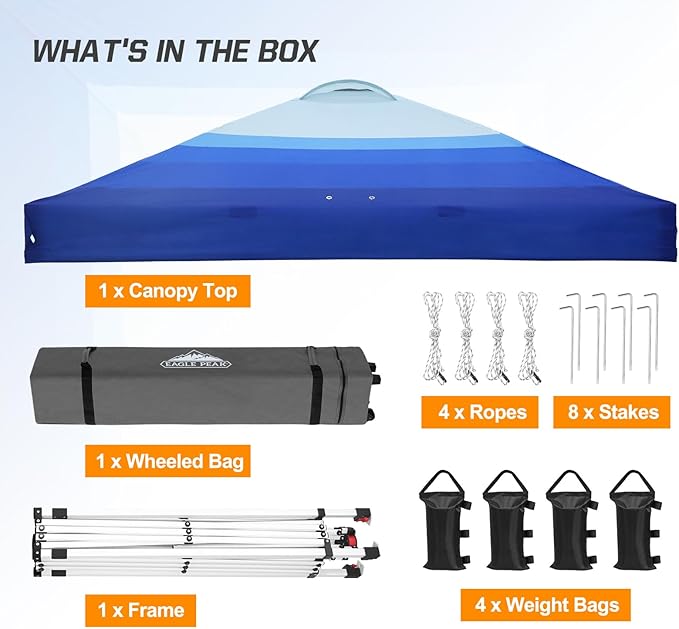 EAGLE PEAK Pop Up Canopy Tent with Wheeled Carry Bag, 8 Stakes, 4 Ropes, 4 Weight Bags, Easy Set Up Tent Canopy, 10x10 ft, 100sqft of Shade, Blue Fade Stripe