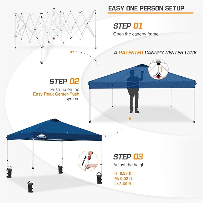 EAGLE PEAK Pop Up Canopy Tent with Wheeled Carry Bag, 8 Stakes, 4 Ropes, 4 Weight Bags, Easy Set Up Tent Canopy, 10x10 ft, 100sqft of Shade, Dark Blue