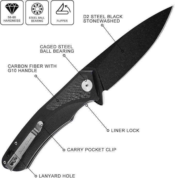 Petrified fish PF838,3.74" Black Stonewashed D2 Blade,166.6g Carbon fiber & G10 Handle Flipper Folding Knife