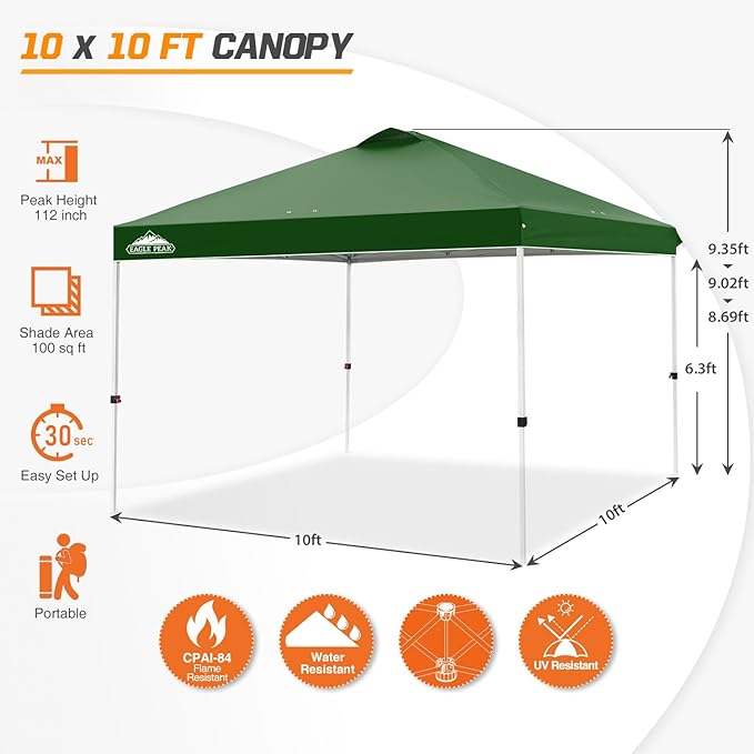 EAGLE PEAK Pop Up Canopy Tent with Wheeled Carry Bag, 8 Stakes, 4 Ropes, 4 Weight Bags, Easy Set Up Tent Canopy, 10x10 ft, 100sqft of Shade, Green