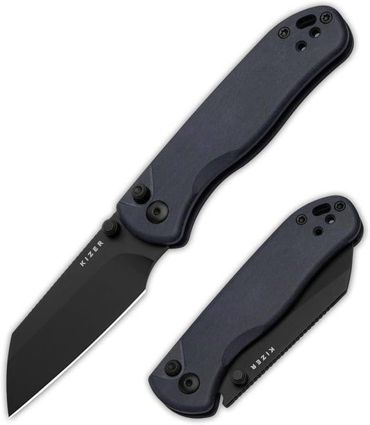 Kizer Drop Bear 2 Pocket Knife, 2.96" Nitro-V Sheepsfoot Blade Folding Knife with Blue Richlite Handle, Button Liner Lock EDC Knives with Jimping on Spine for Men Women V3619.2CS1