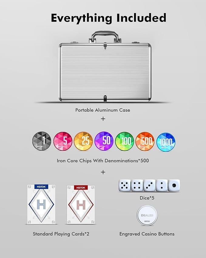 Poker Set with Numbered Chips, 500-pcs 11.5g Weighted Casino Chips, 5 Dice, 2 Decks with Waterproof Poker Case for Texas Holdem Games & Blackjack