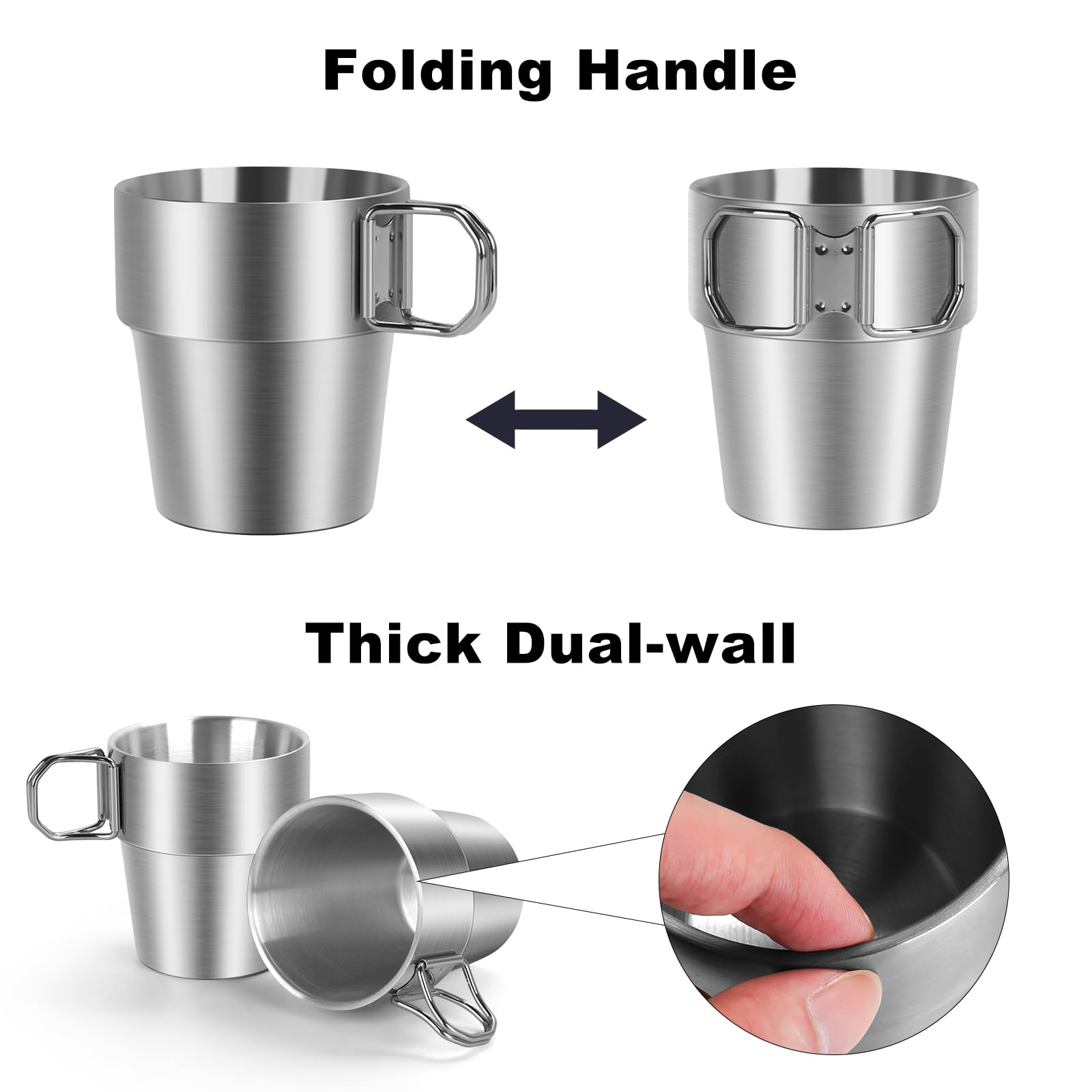 Ftabernam 4-Pack Stainless Steel Camping Cups with Foldable Handle, 10 oz Camping Coffee Mugs with