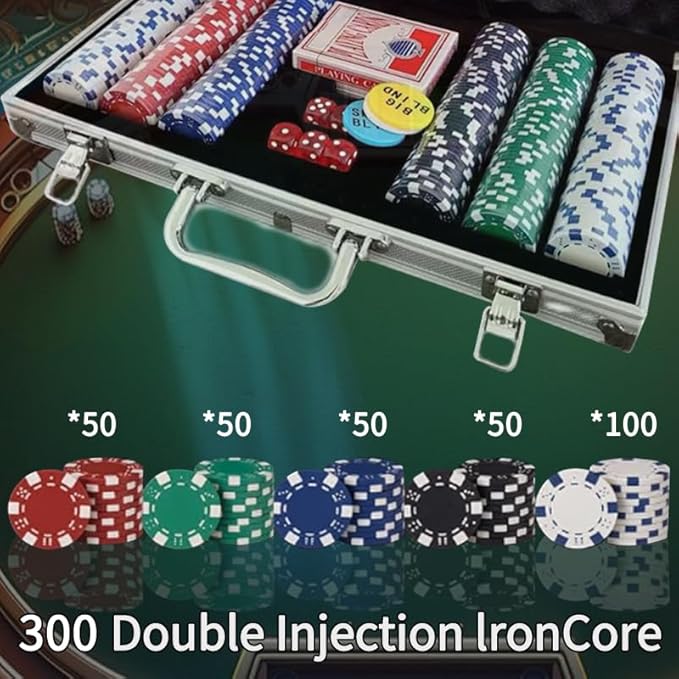 Texas Hold'em Chips Without face Value, 300 11.5g Weighted Digital Casino chip Set, 5 dice, 2 Decks of Cards, with Compact Aluminum case, for Texas Hold'em, Blackjack, Ages 8 and up