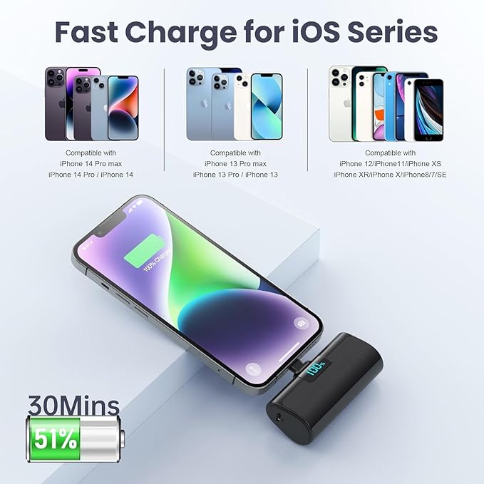 [2 Pack] Mini Portable Charger 5200mAh for iPhone, 20W PD Fast Charging Power Bank, Ultra-Compact Battery Pack LCD Display Portable Phone Charger for iPhone 14/13/12/11/X/8/7/6-Pure White+Dark Black