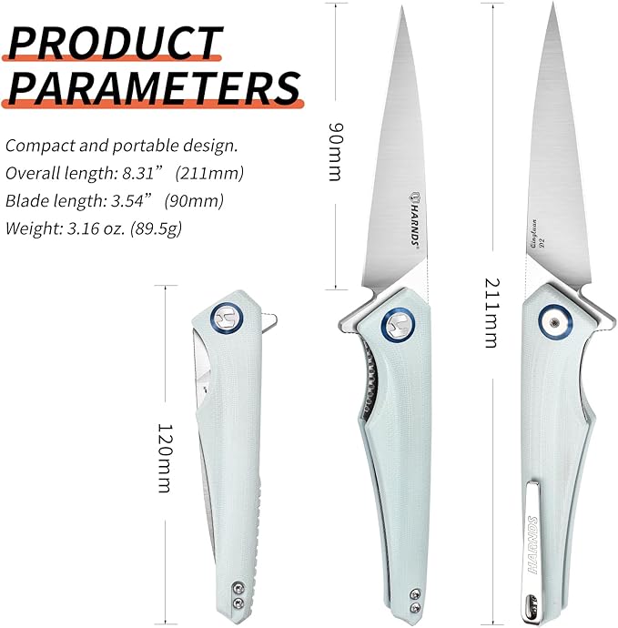 Qingluan Folding Knife with Pocket Clip, D2 Steel Blade 3.54'' and G10 Handle Outdoor Adventure knife EDC Camping Knife (Cyan)