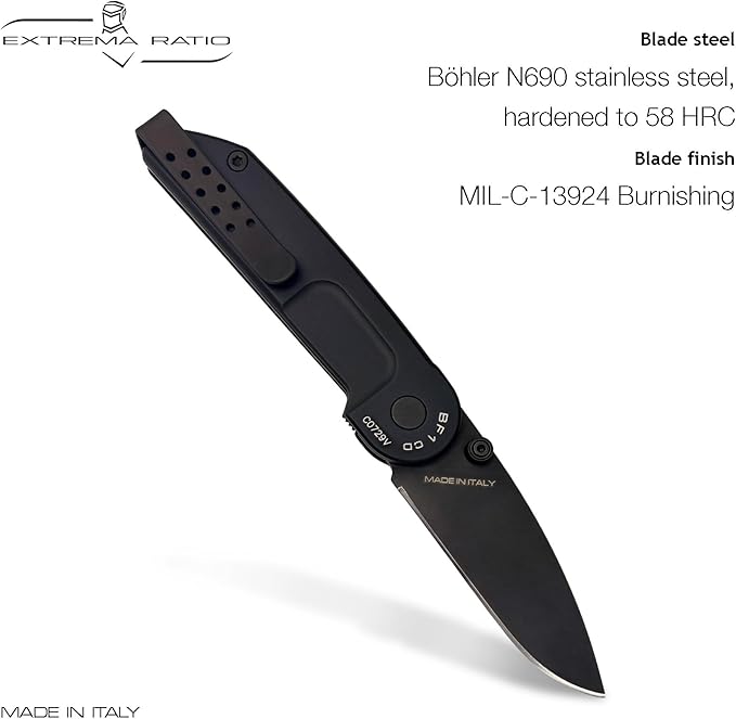 Extrema Ratio - BF1 CD (BLACK), Folding Knife, Böhler N690 steel blade hardened to 58 HRC, burnished finish, anticorodal aluminum handle with smooth grip, compact design, reversible clip