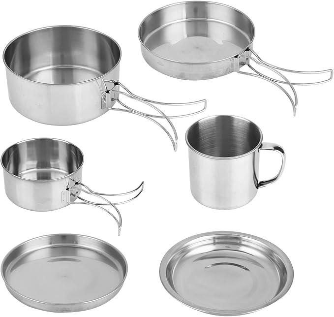 Stainless Steel Camping Cookware Set with Pot, Pan, Plates and Cups, Portable Folding Outdoor Cooking Kit for Picnic, BBQ and Travel