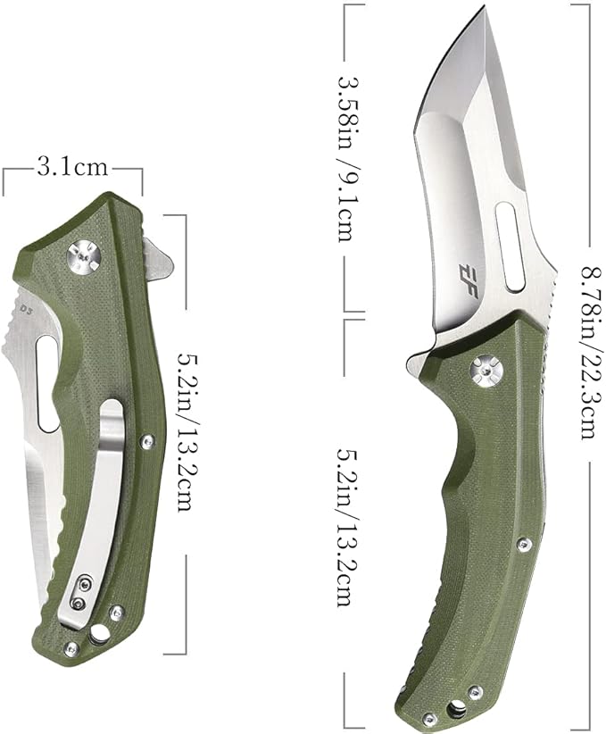 Eafengrow EF908 Pocket Knife Sanding Finished D2 Steel Blade G10 Handle Pocket Clip and Liner Lock with Titanium Coating Tactical Camping Survival Tool Knives (GREEN)