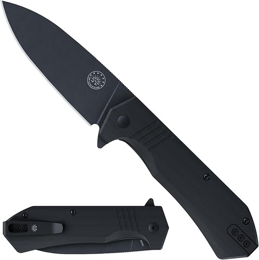 Off-Grid Knives - STINGER XL Folding Knife, 154CM Steel, Full Flat Grind, G10 Scales, Ceramic Bearings, Drop-Shut Action, Deep Pocket Clip, Left or Right Hand Carry, Camping & Tactical Use (Blackout)